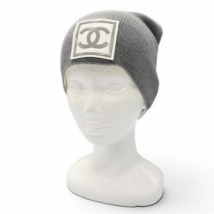 美品▼CHANEL シャネル スポーツライン ウール シルク ココマーク 帽子 ビーニー ニットキャップ グレー アイボリー 仏製 レディース