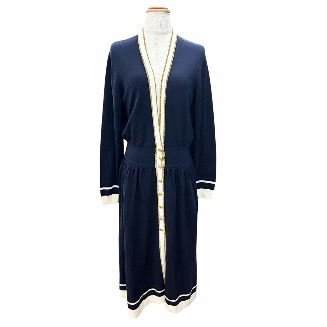 美品△GUCCI グッチ 713541 ウール100％ GGボタン Vネック 長袖 ニット ワンピース カーディガン ネイビー ホワイト ゴールド S 正規品