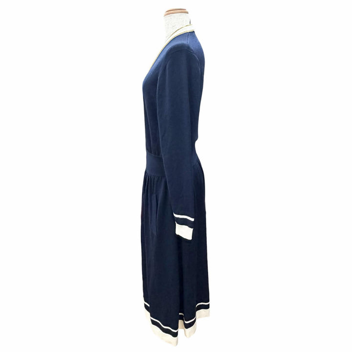 美品△GUCCI グッチ 713541 ウール100％ GGボタン Vネック 長袖 ニット ワンピース カーディガン ネイビー ホワイト ゴールド S 正規品