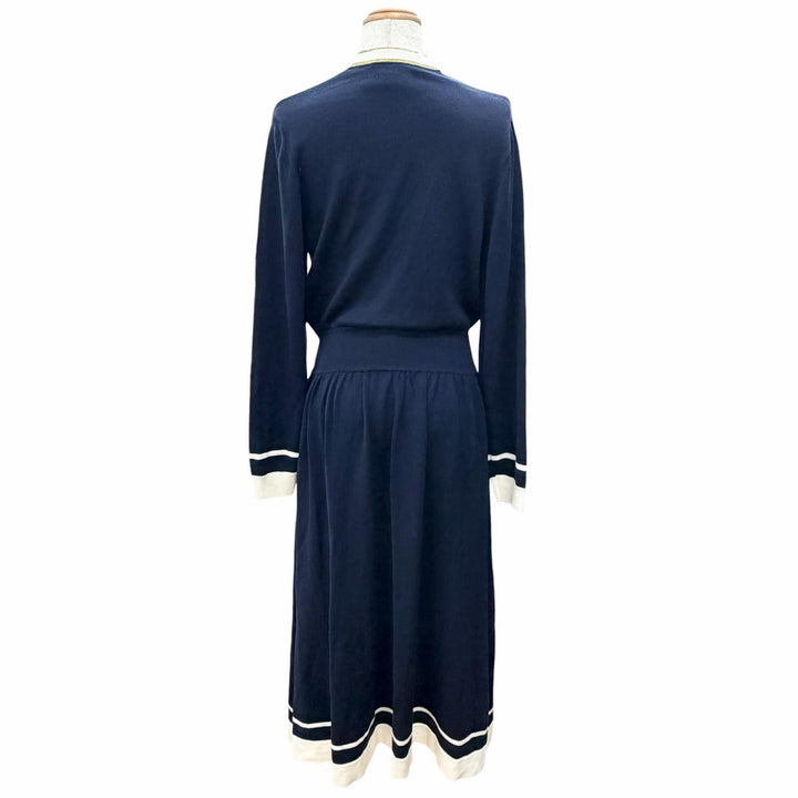 美品△GUCCI グッチ 713541 ウール100％ GGボタン Vネック 長袖 ニット ワンピース カーディガン ネイビー ホワイト ゴールド S 正規品