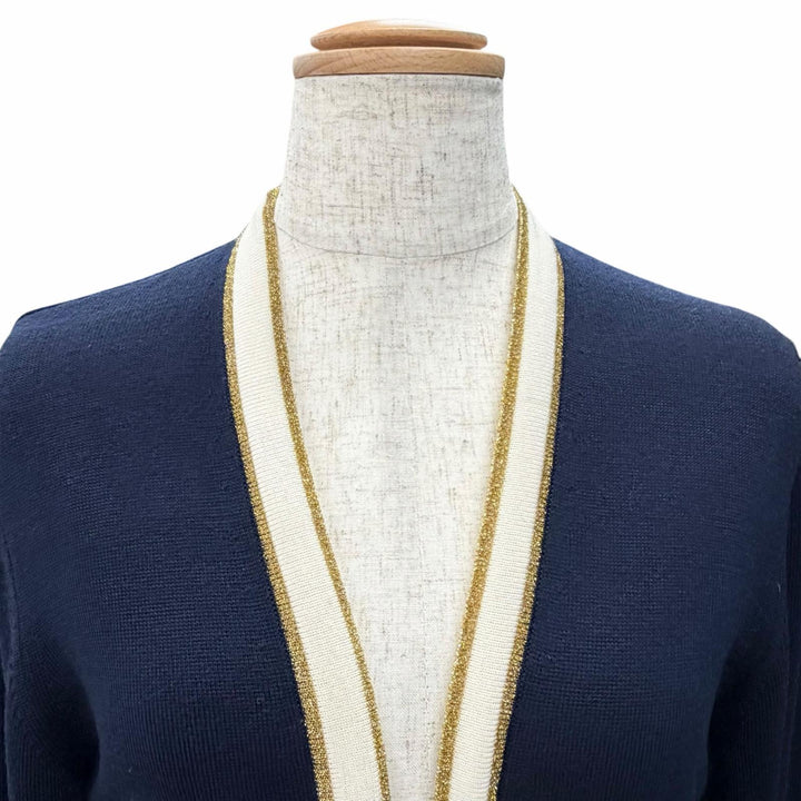 美品△GUCCI グッチ 713541 ウール100％ GGボタン Vネック 長袖 ニット ワンピース カーディガン ネイビー ホワイト ゴールド S 正規品