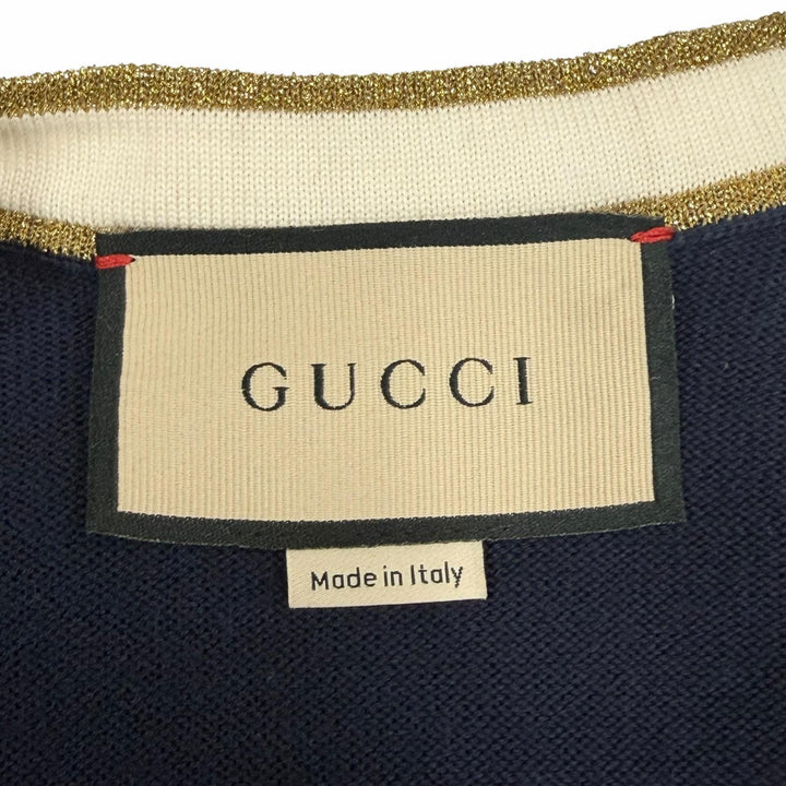 美品△GUCCI グッチ 713541 ウール100％ GGボタン Vネック 長袖 ニット ワンピース カーディガン ネイビー ホワイト ゴールド S 正規品