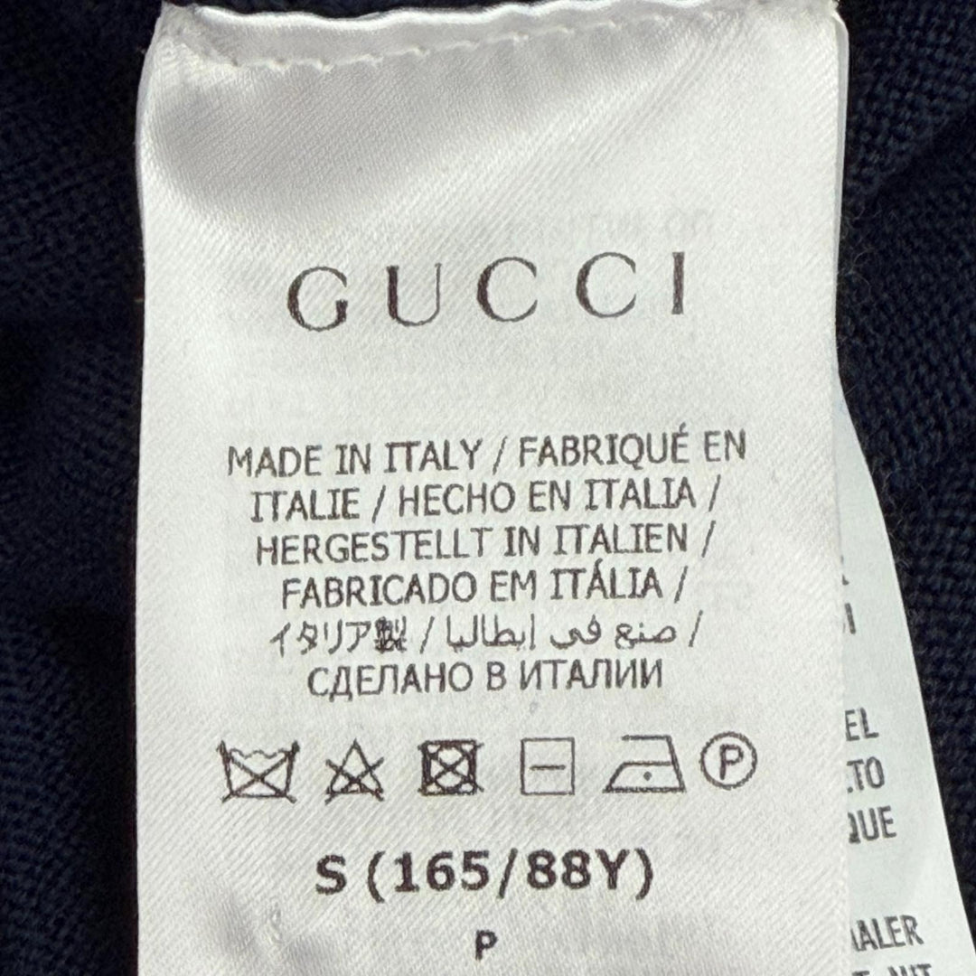 美品△GUCCI グッチ 713541 ウール100％ GGボタン Vネック 長袖 ニット ワンピース カーディガン ネイビー ホワイト ゴールド S 正規品