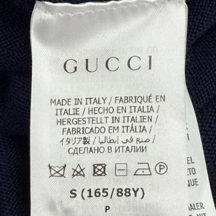 美品△GUCCI グッチ 713541 ウール100％ GGボタン Vネック 長袖 ニット ワンピース カーディガン ネイビー ホワイト ゴールド S 正規品