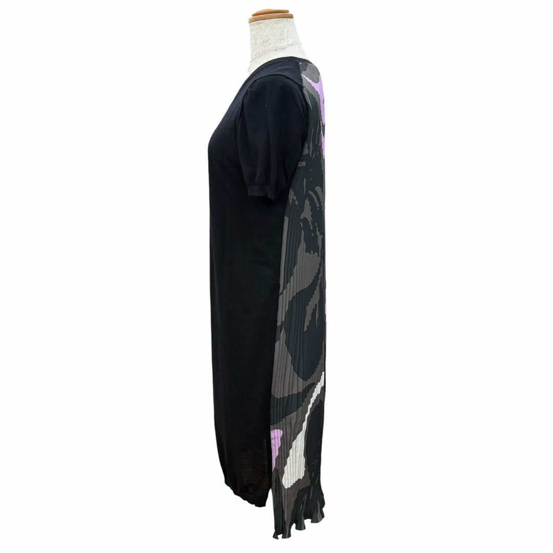 極美品△Christian Dior クリスチャンディオール 6C24641AM555 ウール100％ 総柄プリーツ切替 半袖 ニットワンピース ブラック 42 正規品