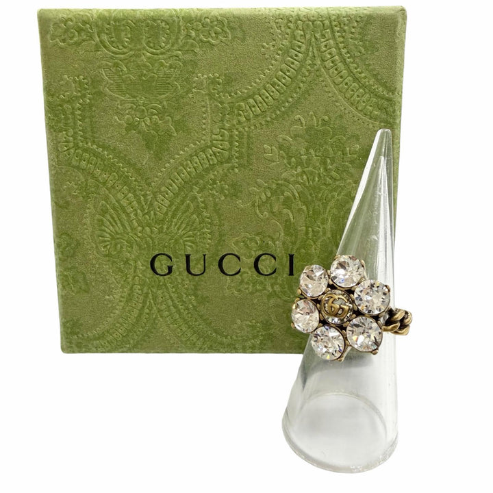 極美品△GUCCI グッチ ー GGマーモント フラワー ビジュー ラインストーン リング 指輪 ゴールド系 S JP11号 イタリア製 レディース 箱付