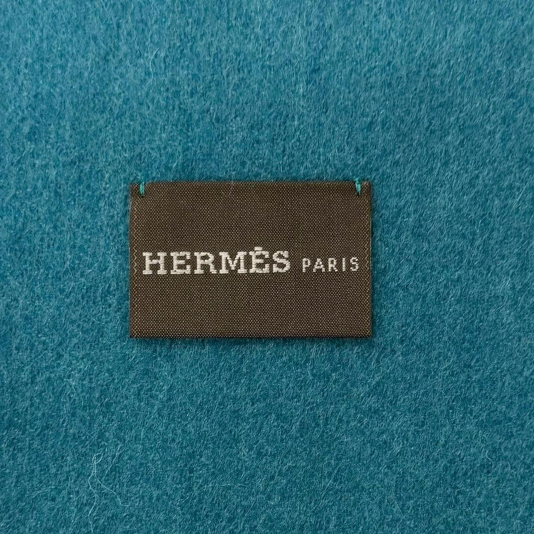 極美品□HERMES エルメス カシミヤ100％ パンチングHロゴ フリンジマフラー ストール ショール ターコイズブルー イタリア製 メンズ