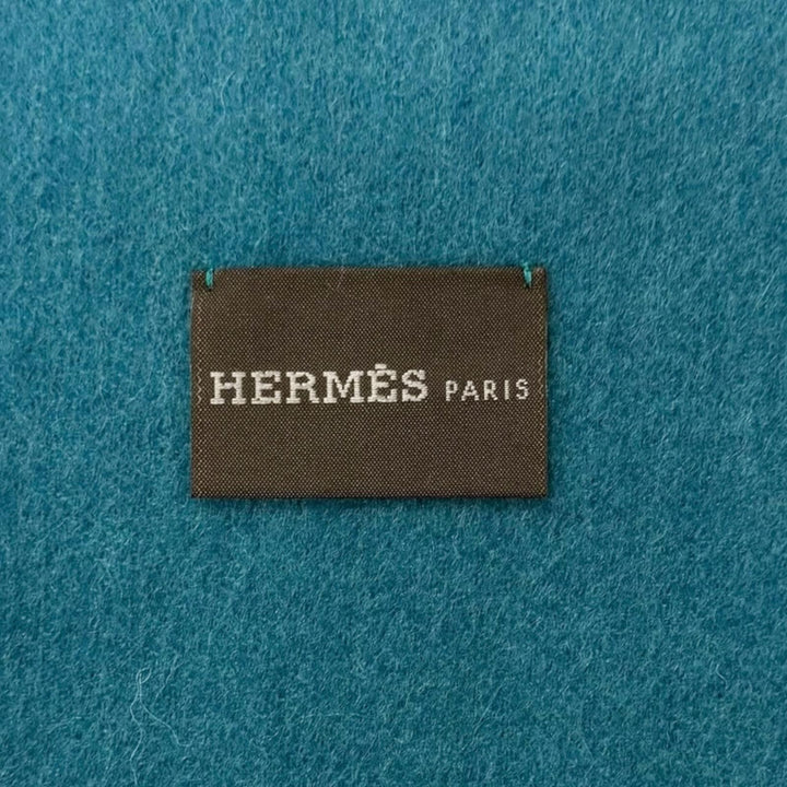 極美品□HERMES エルメス カシミヤ100％ パンチングHロゴ フリンジマフラー ストール ショール ターコイズブルー イタリア製 メンズ