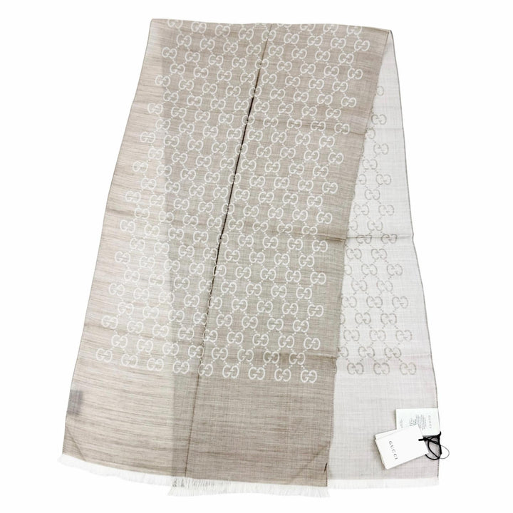 未使用品△GUCCI グッチ 165904 3G646 ウール シルク GGジャガード ミニフリンジ ショール ストール ベージュ 180×45 イタリア製 正規品