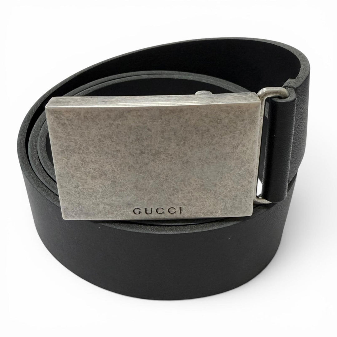 美品□GUCCI　グッチ　835193　ロゴバックル　くすみ加工　レザーベルト　シルバー　ブラック　イタリア製　90/36　メンズオススメ