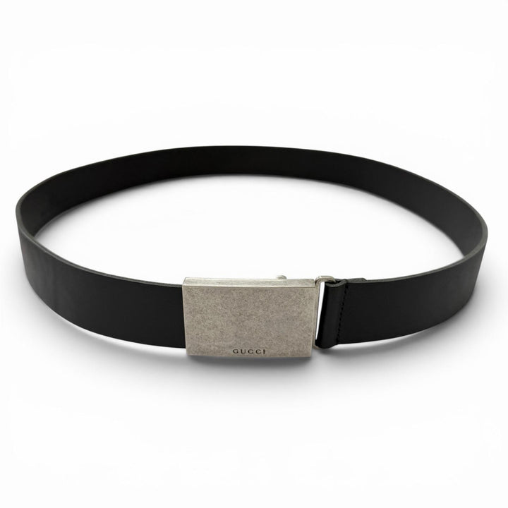 美品□GUCCI　グッチ　835193　ロゴバックル　くすみ加工　レザーベルト　シルバー　ブラック　イタリア製　90/36　メンズオススメ