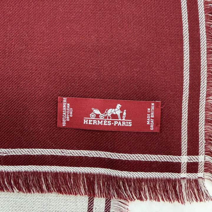 極美品☆HERMES エルメス カレジェアン カシミヤ100％ フリンジ付 大判ショール スカーフ ボルドー オフホワイト 英国製 レディース