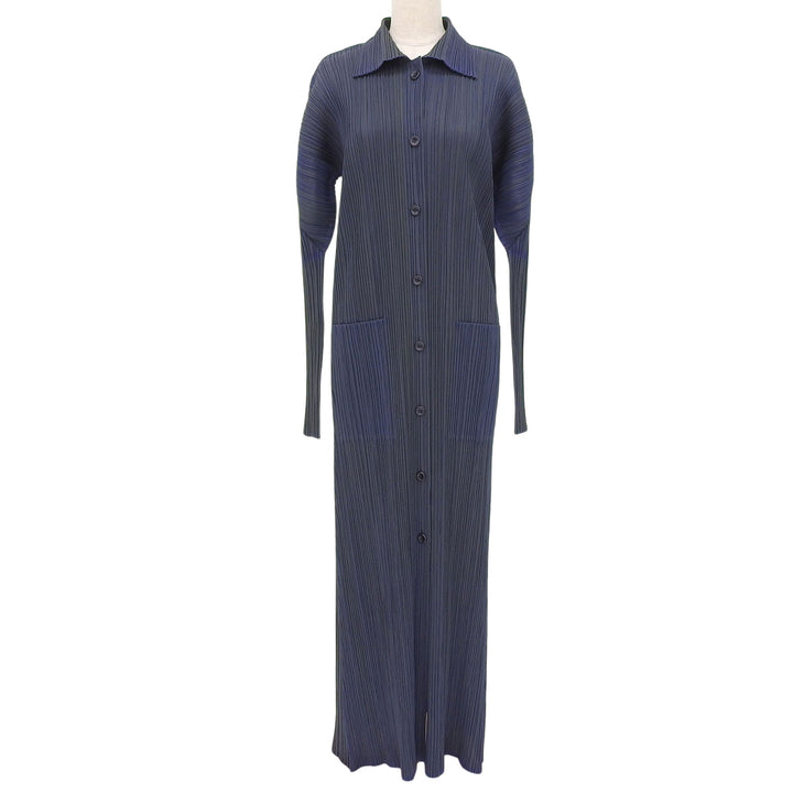 極美品▲PLEATS PLEASE プリーツプリーズ イッセイミヤケ PP64-JA522 ロング シャツ ワンピース グリーン系 4 日本製 正規品 レディース