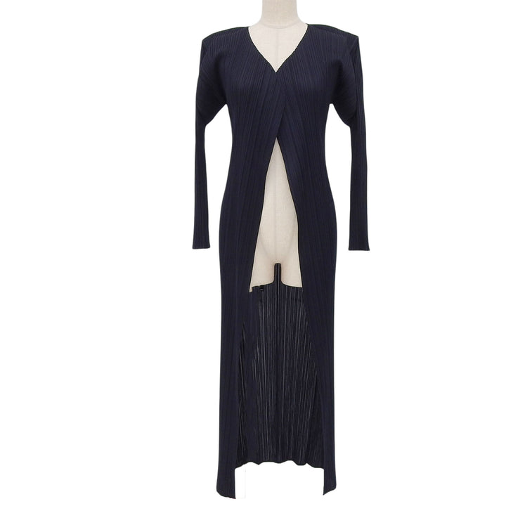 極美品▲PLEATS PLEASE プリーツプリーズ イッセイミヤケ PP05-JA001 ロング カーディガン ダークネイビー 2 日本製 正規品 レディース