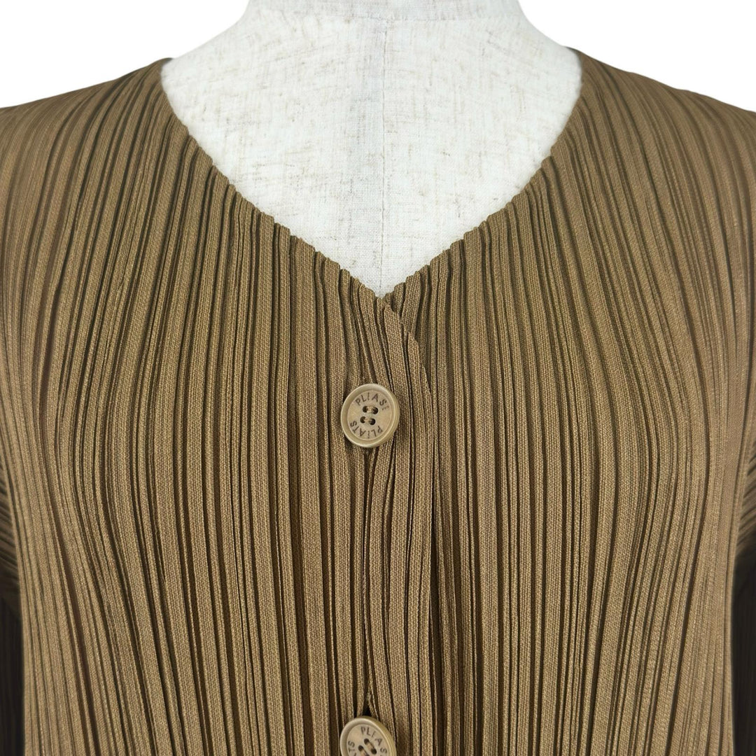 極美品▲PLEATS PLEASE プリーツプリーズ イッセイミヤケ PP31-JD443 ロゴボタン カーディガン ブラウン 4 日本製 正規品 レディース