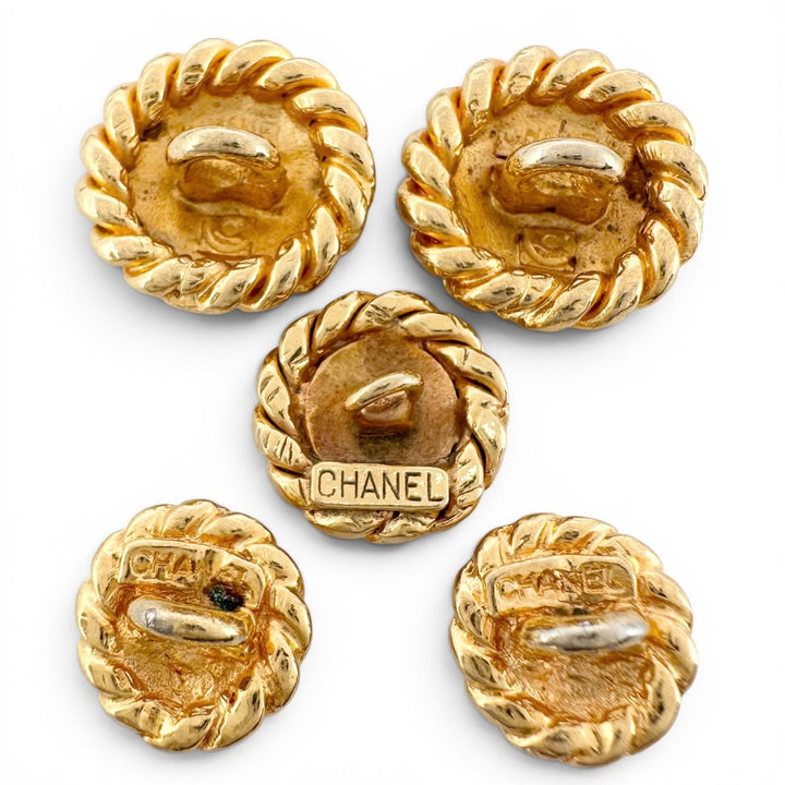 良品▲CHANEL シャネル ヴィンテージ ココマーク 裏ロゴ入り 金ボタン ツイストフレーム サンバースト 5個セット ゴールド レディース