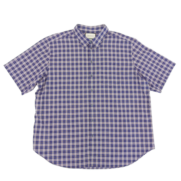 極美品▲GUCCI グッチ 557391 コットン100％ ミケーレ期 チェック柄 オーバーサイズシャツ 半袖シャツ ブルー マルチ 46 正規品 メンズ