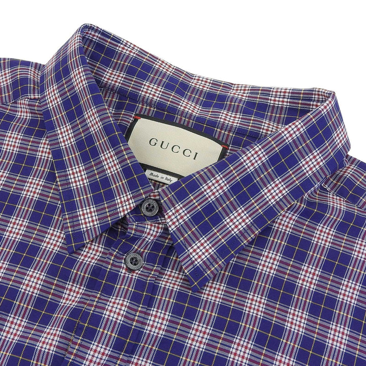 極美品▲GUCCI グッチ 557391 コットン100％ ミケーレ期 チェック柄 オーバーサイズシャツ 半袖シャツ ブルー マルチ 46 正規品 メンズ