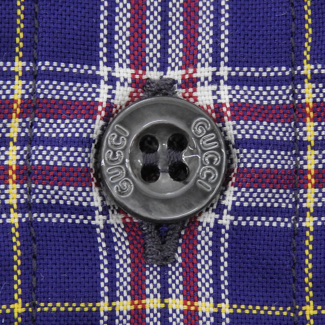 極美品▲GUCCI グッチ 557391 コットン100％ ミケーレ期 チェック柄 オーバーサイズシャツ 半袖シャツ ブルー マルチ 46 正規品 メンズ