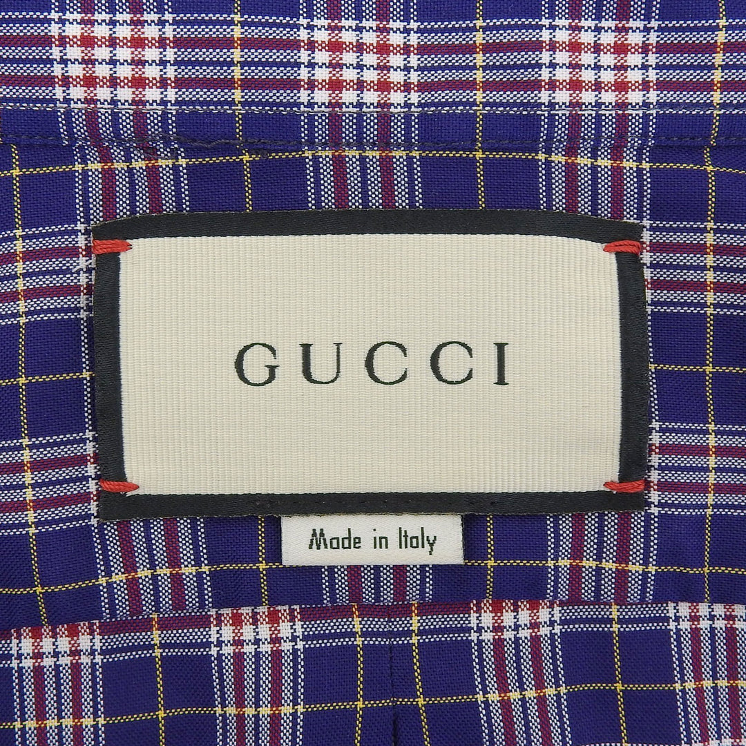 極美品▲GUCCI グッチ 557391 コットン100％ ミケーレ期 チェック柄 オーバーサイズシャツ 半袖シャツ ブルー マルチ 46 正規品 メンズ