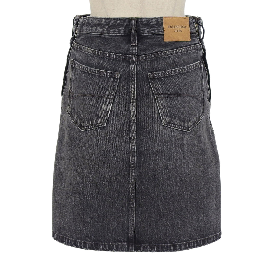 未使用品▲BALENCIAGA バレンシアガ 22SS 657637 コットン100％ レザーパッチ サイドジップ デニム スカート ブラック 34 日本製 正規品