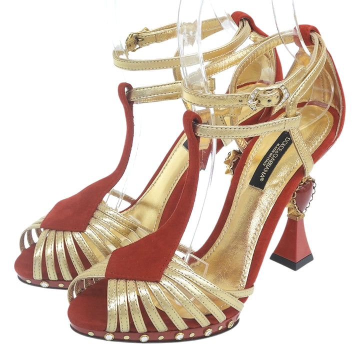極美品▲DOLCE&amp;GABBANA ドルチェ＆ガッバーナ スカルプチャーヒール スウェードレザー使い パンプス レッド ゴールド 35.5 レディース