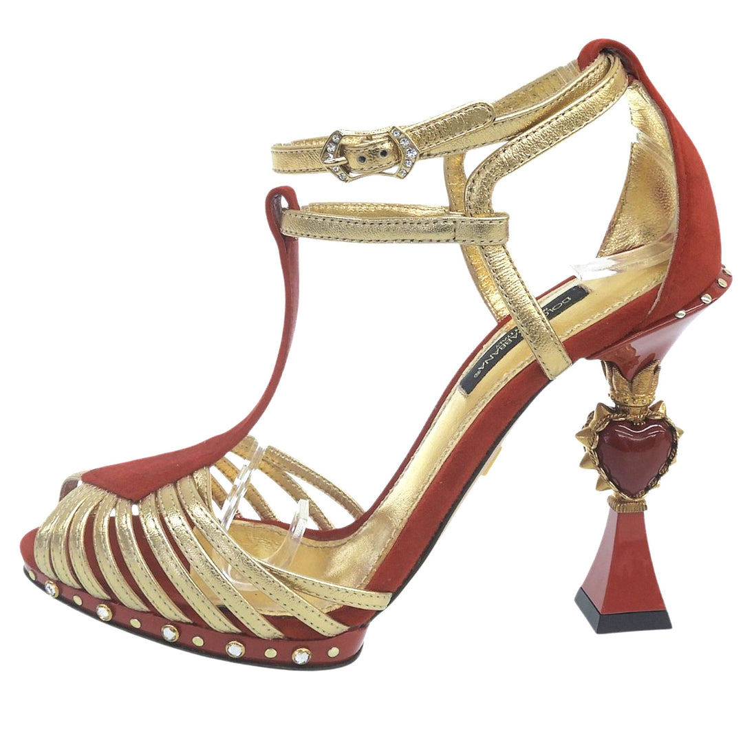 極美品▲DOLCE&amp;GABBANA ドルチェ＆ガッバーナ スカルプチャーヒール スウェードレザー使い パンプス レッド ゴールド 35.5 レディース