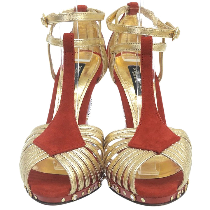 極美品▲DOLCE&amp;GABBANA ドルチェ＆ガッバーナ スカルプチャーヒール スウェードレザー使い パンプス レッド ゴールド 35.5 レディース
