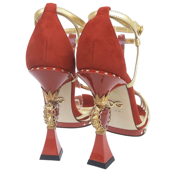 極美品▲DOLCE&amp;GABBANA ドルチェ＆ガッバーナ スカルプチャーヒール スウェードレザー使い パンプス レッド ゴールド 35.5 レディース
