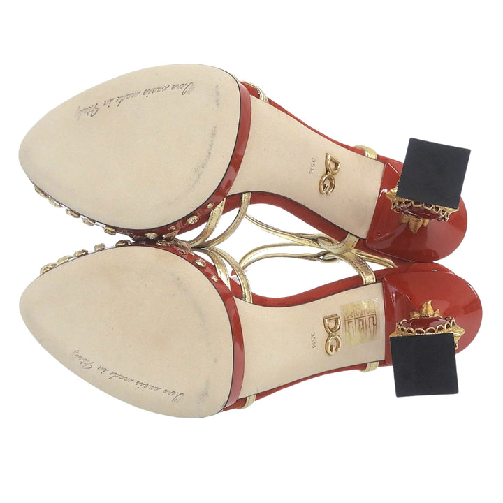 極美品▲DOLCE&amp;GABBANA ドルチェ＆ガッバーナ スカルプチャーヒール スウェードレザー使い パンプス レッド ゴールド 35.5 レディース