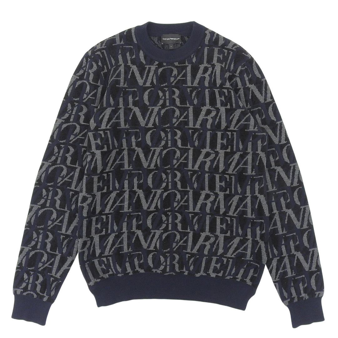 美品▲EMPORIO ARMANI エンポリオ アルマーニ 6H1MTT ウール ロゴデザイン 総柄 ニット セーター ネイビー ブラック S 正規品 メンズ