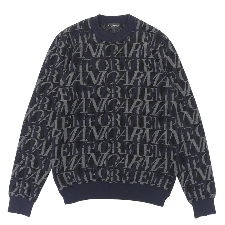 美品▲EMPORIO ARMANI エンポリオ アルマーニ 6H1MTT ウール ロゴデザイン 総柄 ニット セーター ネイビー ブラック S 正規品 メンズ