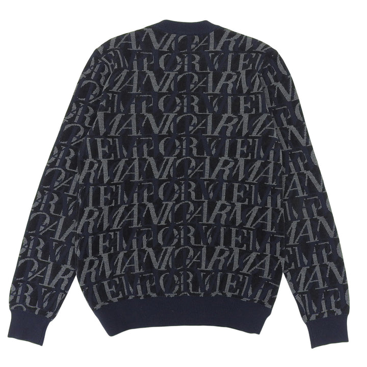 美品▲EMPORIO ARMANI エンポリオ アルマーニ 6H1MTT ウール ロゴデザイン 総柄 ニット セーター ネイビー ブラック S 正規品 メンズ