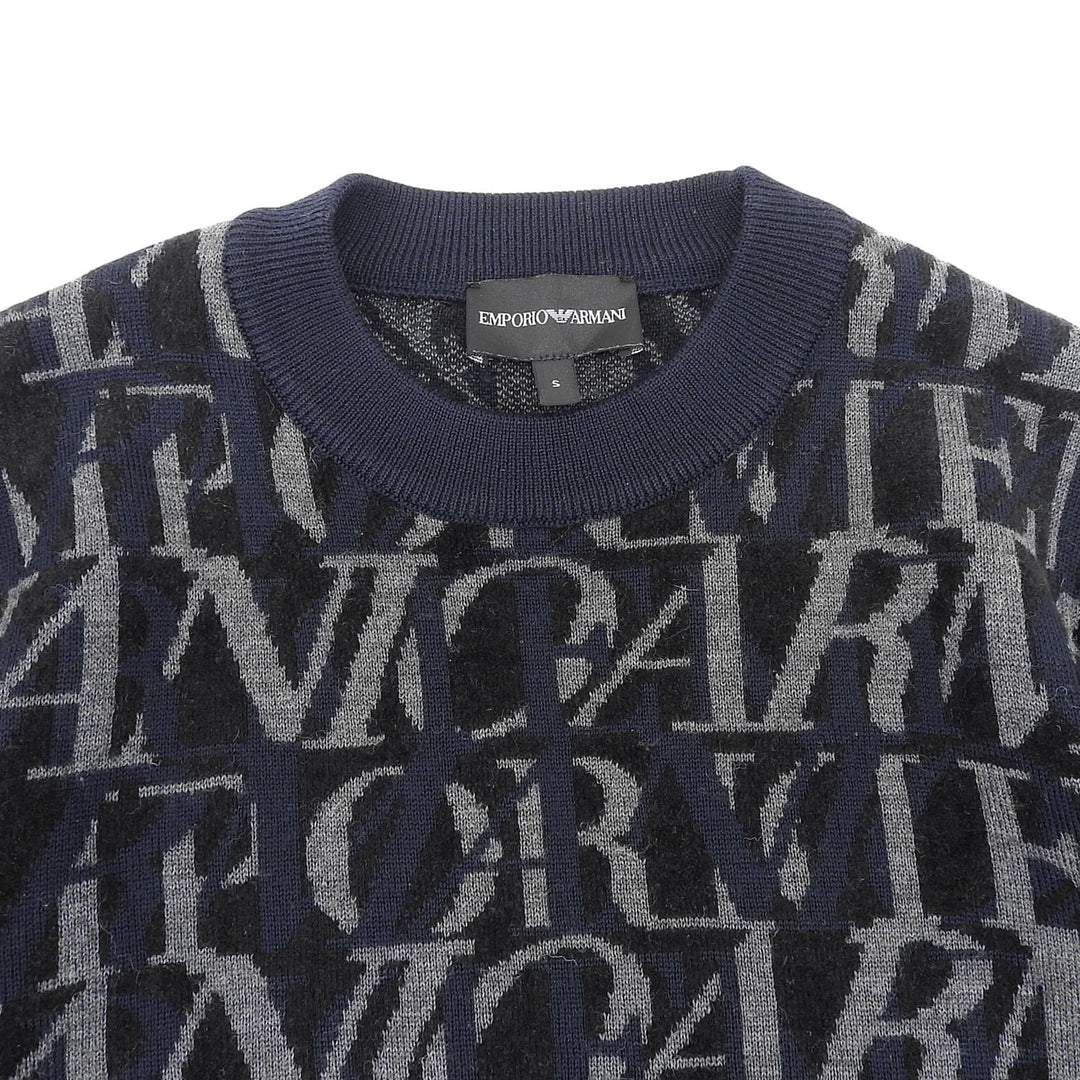 美品▲EMPORIO ARMANI エンポリオ アルマーニ 6H1MTT ウール ロゴデザイン 総柄 ニット セーター ネイビー ブラック S 正規品 メンズ