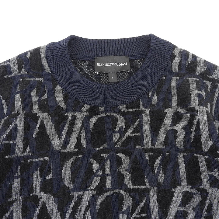 美品▲EMPORIO ARMANI エンポリオ アルマーニ 6H1MTT ウール ロゴデザイン 総柄 ニット セーター ネイビー ブラック S 正規品 メンズ
