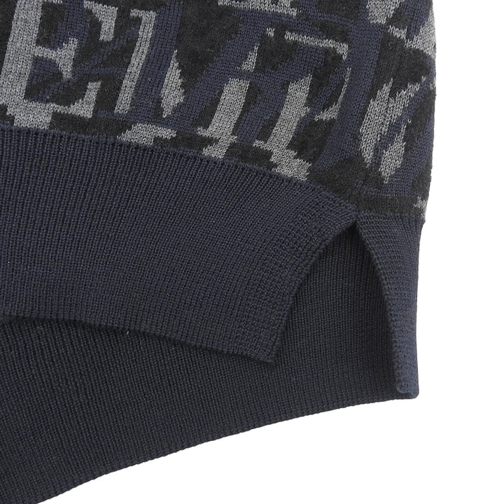 美品▲EMPORIO ARMANI エンポリオ アルマーニ 6H1MTT ウール ロゴデザイン 総柄 ニット セーター ネイビー ブラック S 正規品 メンズ