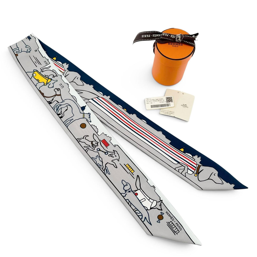 極美品▲HERMES エルメス Les Chiens Parisiens パリジャンの犬 シルク100％ ツイリー スカーフ フランス製 正規品 レディース 箱付き