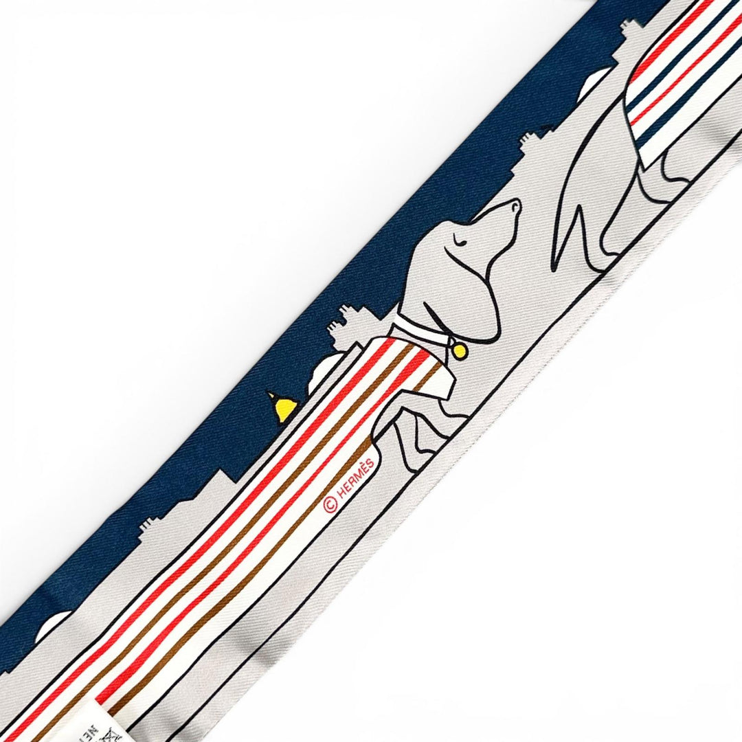 極美品▲HERMES エルメス Les Chiens Parisiens パリジャンの犬 シルク100％ ツイリー スカーフ フランス製 正規品 レディース 箱付き