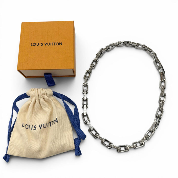 美品▼LOUIS VUITTON ルイヴィトン M00307 コリエ チェーン モノグラム ネックレス シルバー 伊製 メンズ アクセサリー 箱・保存袋付き