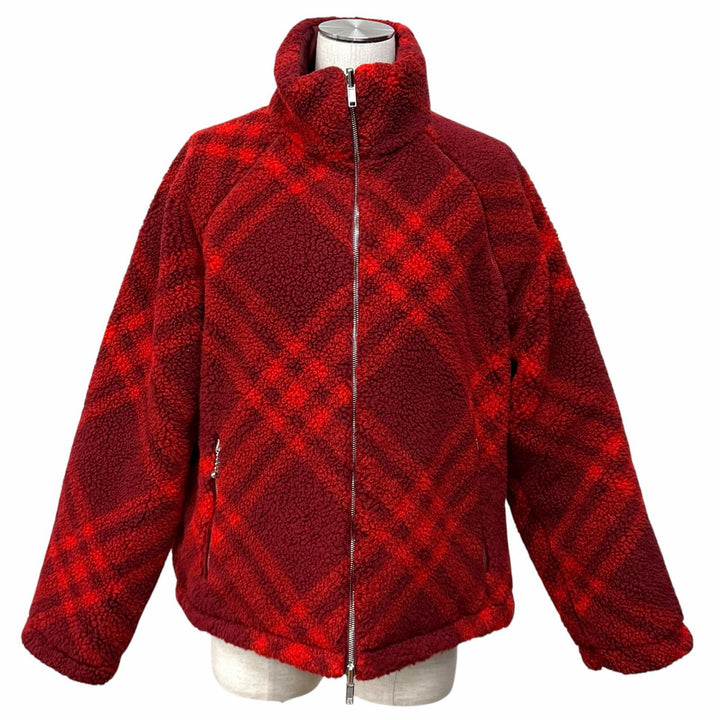 極美品★BURBERRY バーバリー 8077407 ウール混 リバーシブル チェック柄 ZIP UP ボア ジャケット レッド ボルドー 34 正規品 レディース