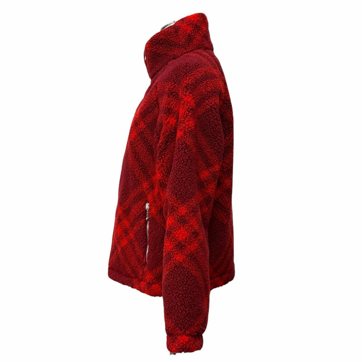 極美品★BURBERRY バーバリー 8077407 ウール混 リバーシブル チェック柄 ZIP UP ボア ジャケット レッド ボルドー 34 正規品 レディース