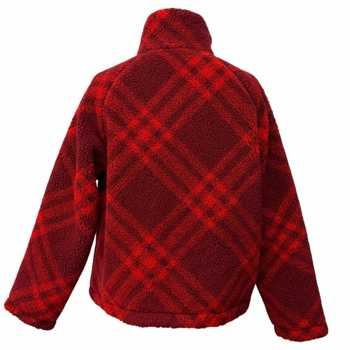 極美品★BURBERRY バーバリー 8077407 ウール混 リバーシブル チェック柄 ZIP UP ボア ジャケット レッド ボルドー 34 正規品 レディース