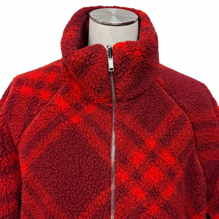 極美品★BURBERRY バーバリー 8077407 ウール混 リバーシブル チェック柄 ZIP UP ボア ジャケット レッド ボルドー 34 正規品 レディース