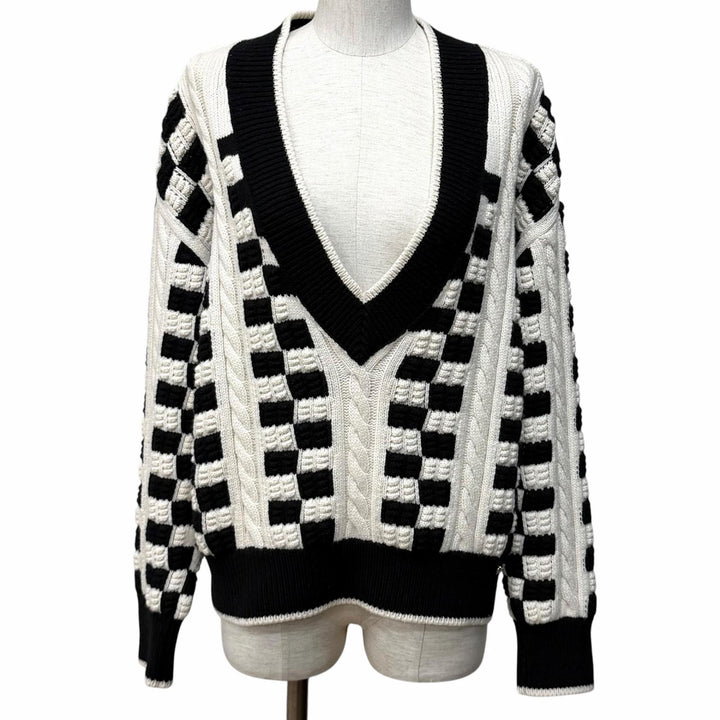極美品★CHANEL シャネル P74123 ラインストーンココ金具 鍵編み Vネック カシミヤ セーター オフホワイト ブラック 42 伊製 正規品
