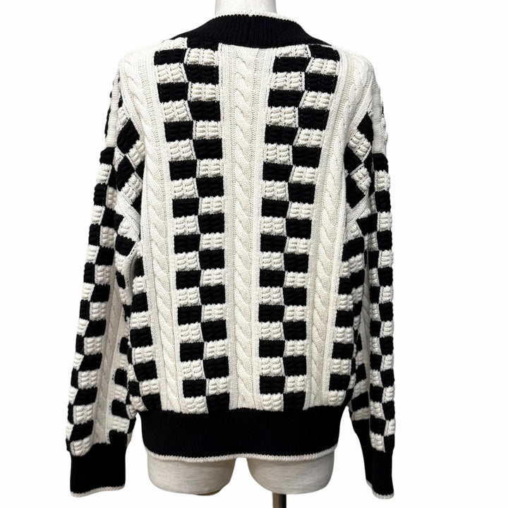 極美品★CHANEL シャネル P74123 ラインストーンココ金具 鍵編み Vネック カシミヤ セーター オフホワイト ブラック 42 伊製 正規品