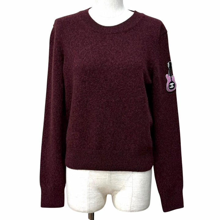 極美品★CHANEL シャネル P77562 ココマーク ギターワッペン付 クルーネック 長袖 カシミヤ ニット ボルドー 38 イタリア製 正規品