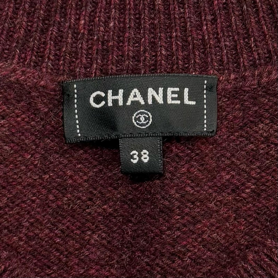 極美品★CHANEL シャネル P77562 ココマーク ギターワッペン付 クルーネック 長袖 カシミヤ ニット ボルドー 38 イタリア製 正規品