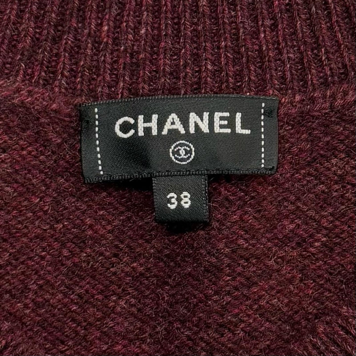 極美品★CHANEL シャネル P77562 ココマーク ギターワッペン付 クルーネック 長袖 カシミヤ ニット ボルドー 38 イタリア製 正規品