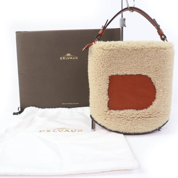 美品☆DELVAUX デルヴォー AA0607BRZ0 ピン ミニ バスケット テディ レザー使い ムートン ハンドバッグ ベージュ 箱・保存袋付き