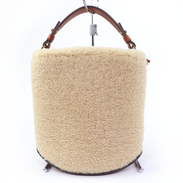 美品☆DELVAUX デルヴォー AA0607BRZ0 ピン ミニ バスケット テディ レザー使い ムートン ハンドバッグ ベージュ 箱・保存袋付き